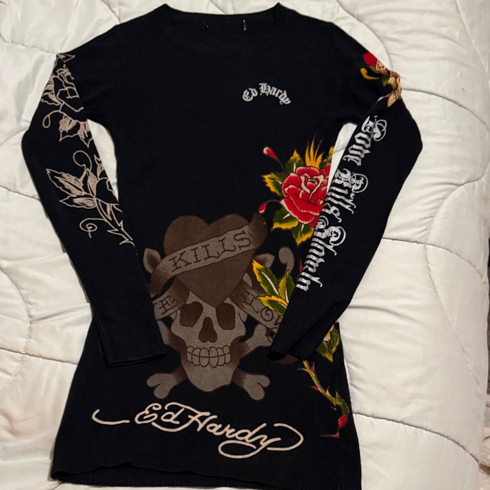 Ed Hardy Black Sweater with Skull and Rose Design
